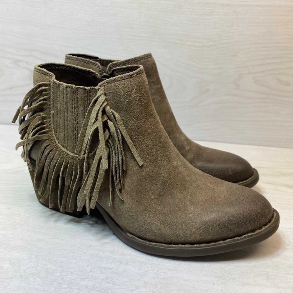 Born Womens Size 6M Danni Ankle Boots Fringe Western Brown Suede Zip Block Heel